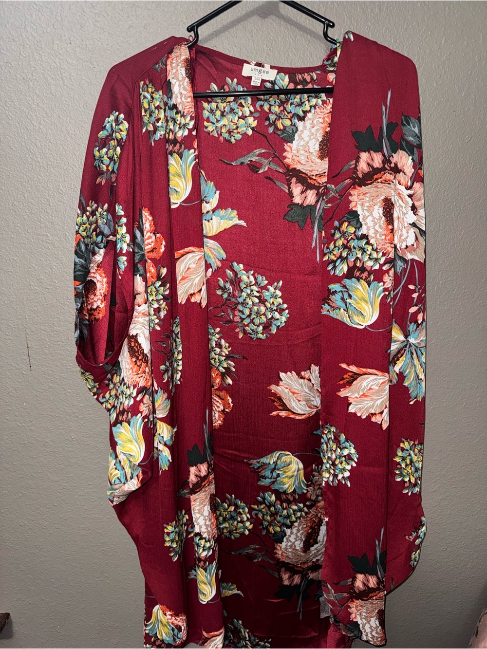 Umgee Burgundy Floral Open-Front Kimono